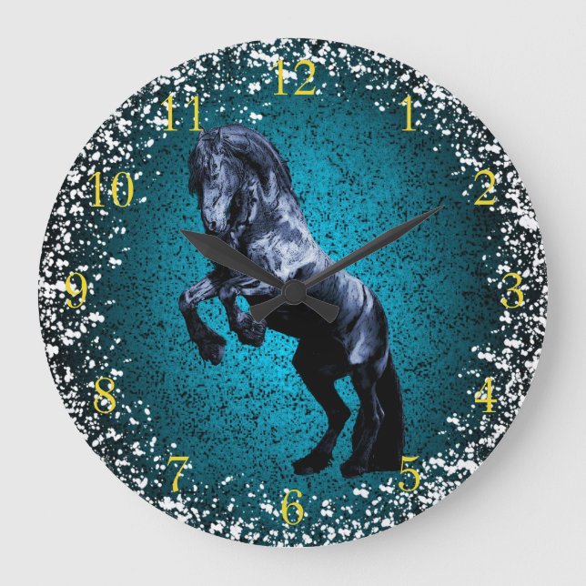 Friesian horse, black beauty, snow, blue granite large clock (Front)