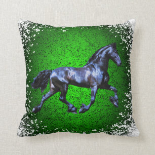 Friesian horse, black beauty stallion, snow green throw pillow
