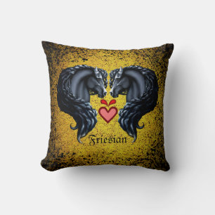 Friesian horse/black Friesian stallion/heart/gold Throw Pillow