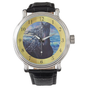 Friesian horse black stallion at ocean clock watch
