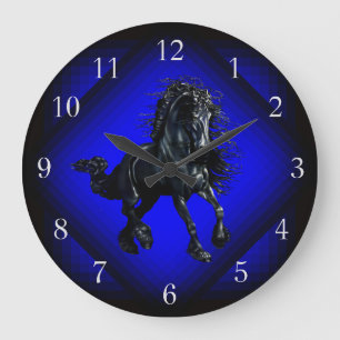 Friesian horse, black stallion beauty blue star large clock