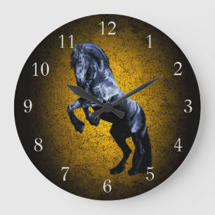 Friesian horse, black stallion beauty gold granite large clock