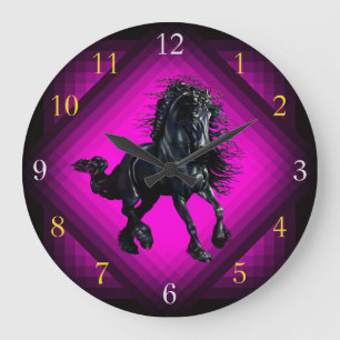 Friesian horse, black stallion beauty pink star large clock