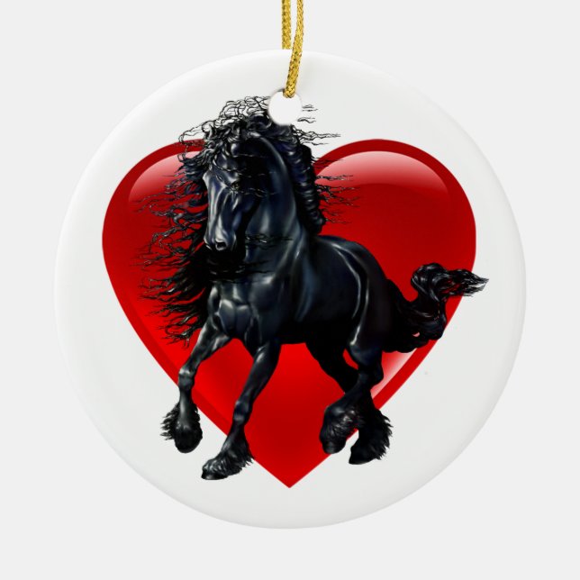 Friesian horse, black stallion, black beauty heart ceramic ornament (Front)