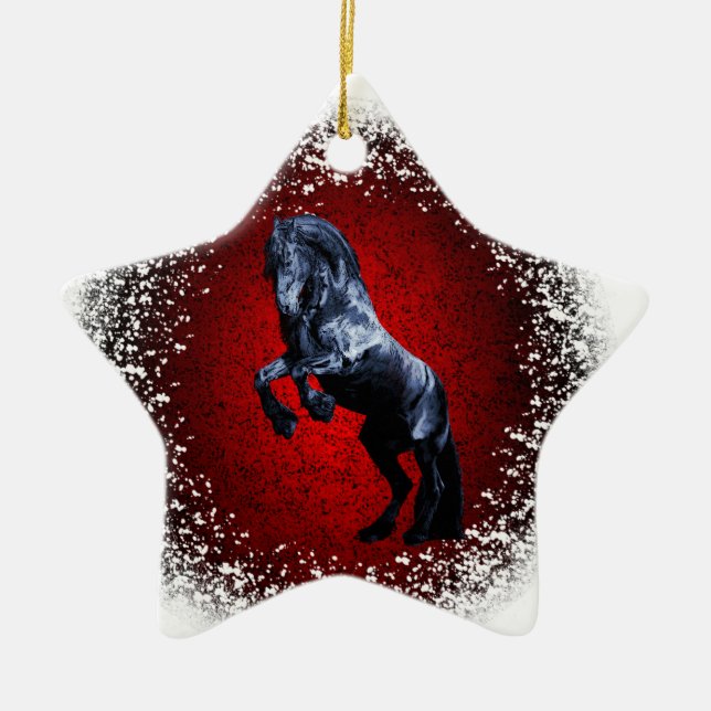 Friesian horse, black stallion,snow,red granite ceramic ornament (Front)