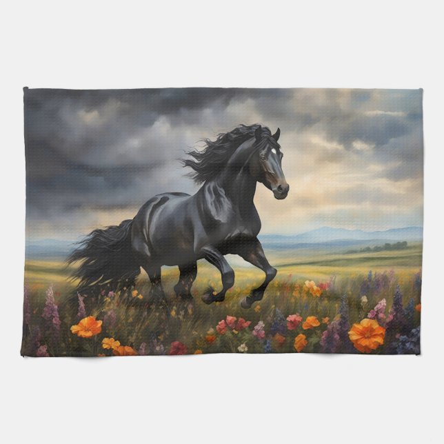 Friesian Horse Galloping Wildflowers Kitchen Towel (Horizontal)