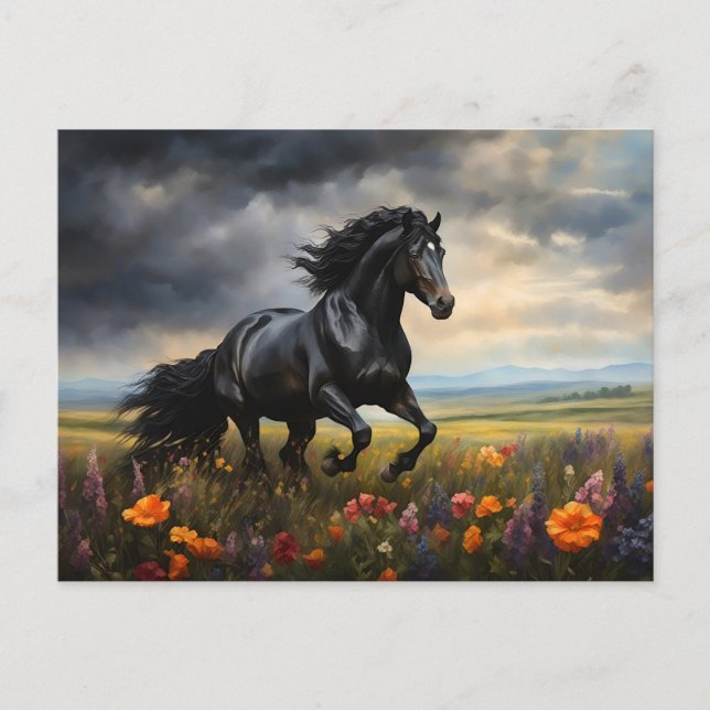 Friesian Horse Galloping Wildflowers Postcard (Front)