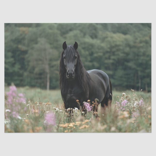 Friesian Horse in a Wildflower Field Decoupage Tissue Paper (Front)