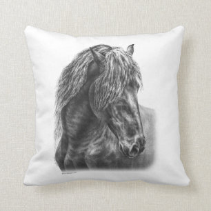 Friesian Horse Portrait Wavy Mane Throw Pillow