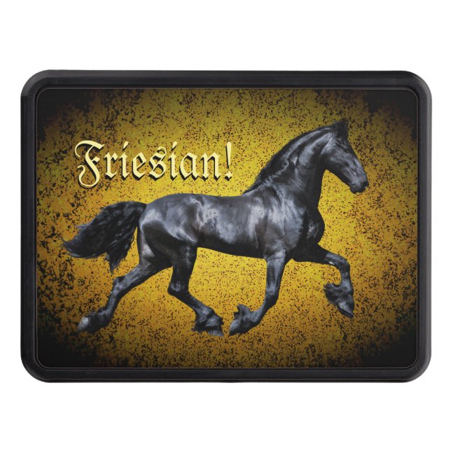 Friesian horse, silhouette/gold/black/black hitch  trailer hitch cover (Front)