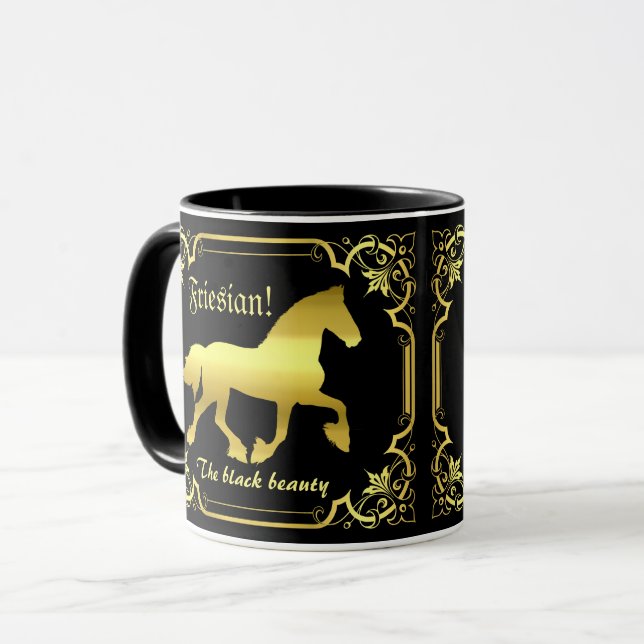 Friesian horse, silhouette/gold/black/black mug (Front Left)
