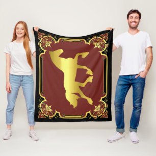 Friesian horse,  silhouette/gold/black/red fleece blanket