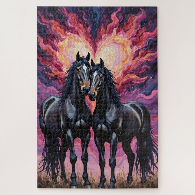 Friesian Horses Dramatic Silhouette of Love Jigsaw Puzzle (Vertical)