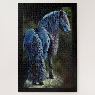 Friesian stallion horse in spotlight, painting   j jigsaw puzzle
