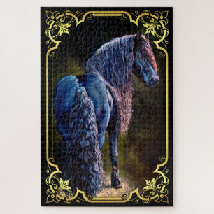 Friesian stallion horse in spotlight, painting   jigsaw puzzle
