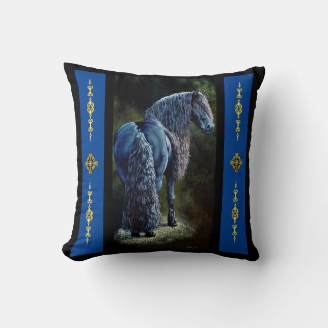 Friesian stallion horse in spotlight, painting  throw pillow (Front)