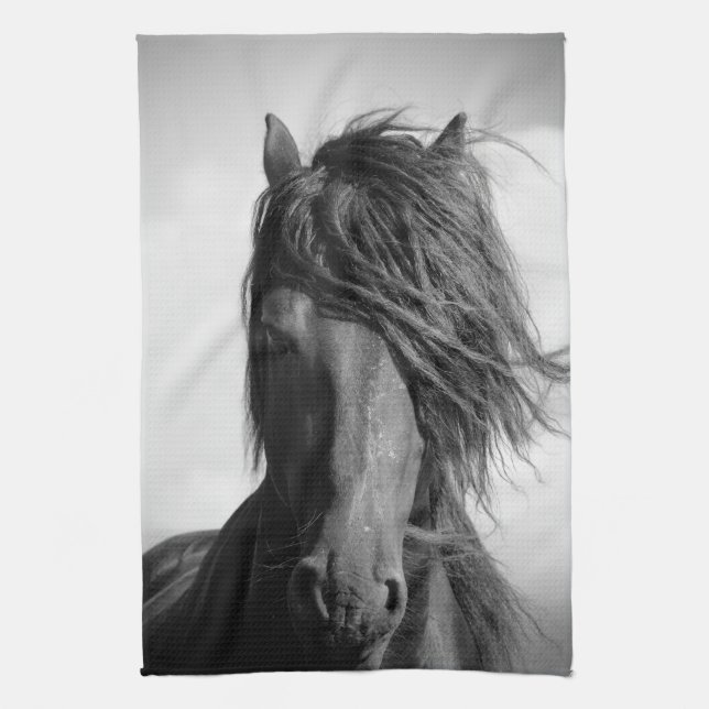 Friesian stallion in the wind. kitchen towel (Vertical)