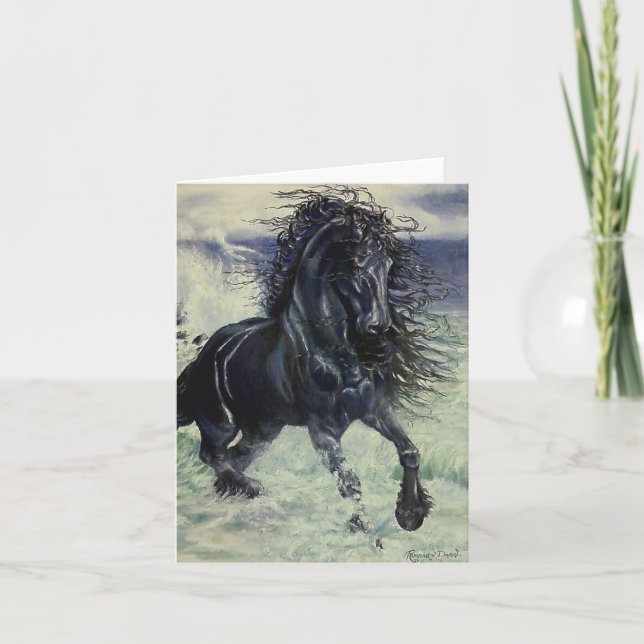 "Friesian Staorm" black stallion horse in ocean Card (Front)