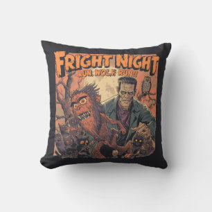 Fright Night Horror Poster – Retro Werewolf and Mo Throw Pillow