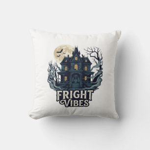 Fright Vibes Haloween Haunted House Full Moon Bats Throw Pillow