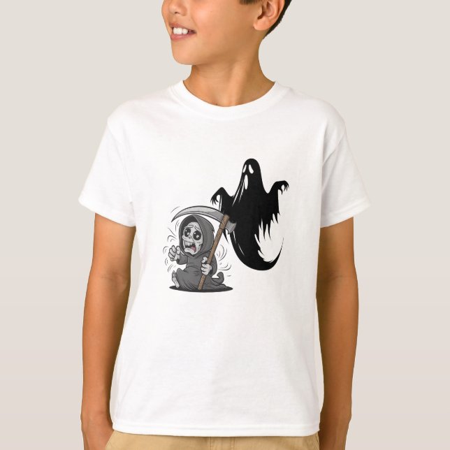Frightened grim reaper and ghost. T-Shirt (Front)