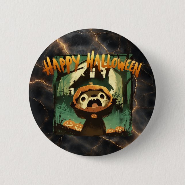 Frightened Otter in Halloween pumpkin costume 2 Inch Round Button (Front)