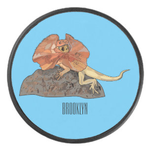 Frilled-neck lizard cartoon illustration hockey puck