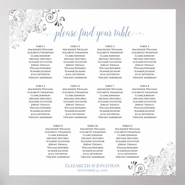 Frilly 11 Table Dusty Blue on White Seating Chart (Front)