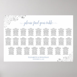 Frilly 26 Table Wedding Seating Chart White & Blue