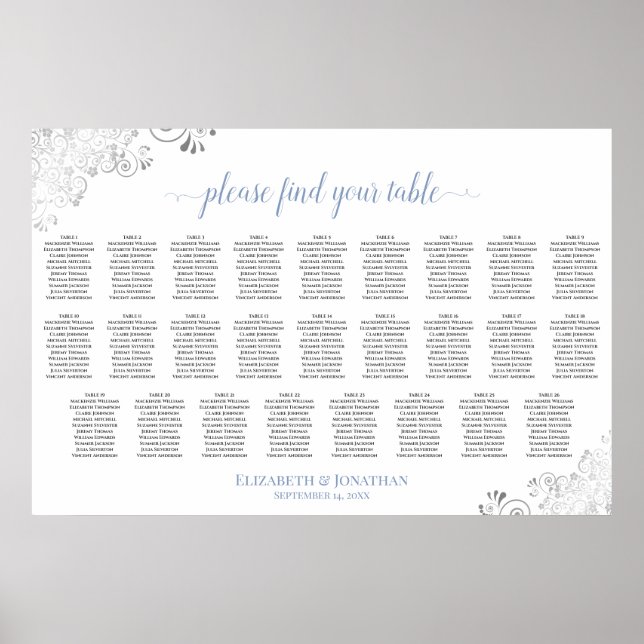 Frilly 26 Table Wedding Seating Chart White & Blue (Front)