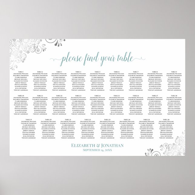 Frilly 26 Table Wedding Seating Chart White & Teal (Front)