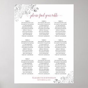 Frilly 9 Table Wedding Seating Chart White & Rose