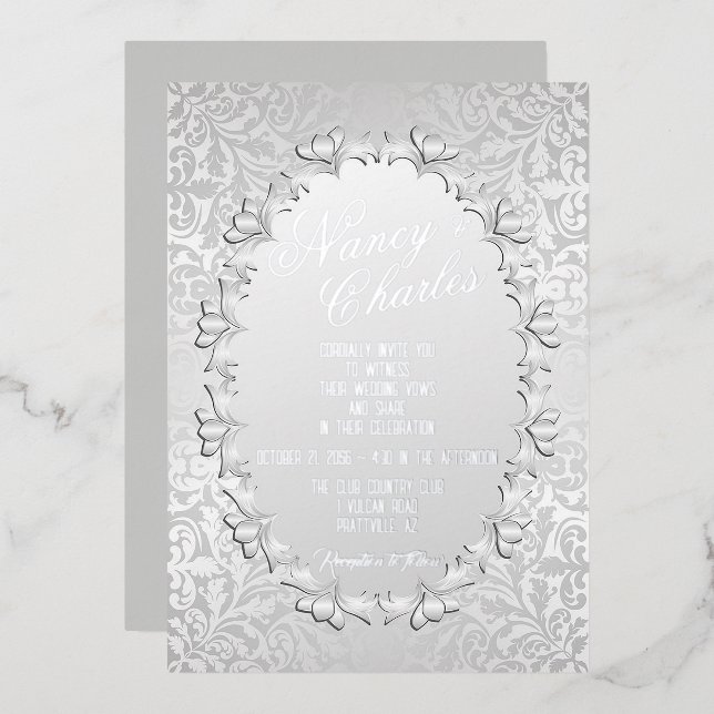 Frilly and Feminine Silver Foil Wedding Invitation (Front/Back)