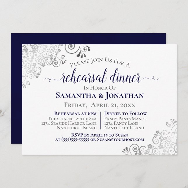 Frilly Elegant Navy Blue Wedding Rehearsal Dinner Invitation (Front/Back)