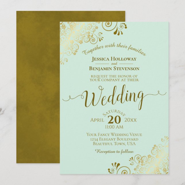 Frilly Elegant Neo Mint Green & Gold Wedding Invitation (Front/Back)