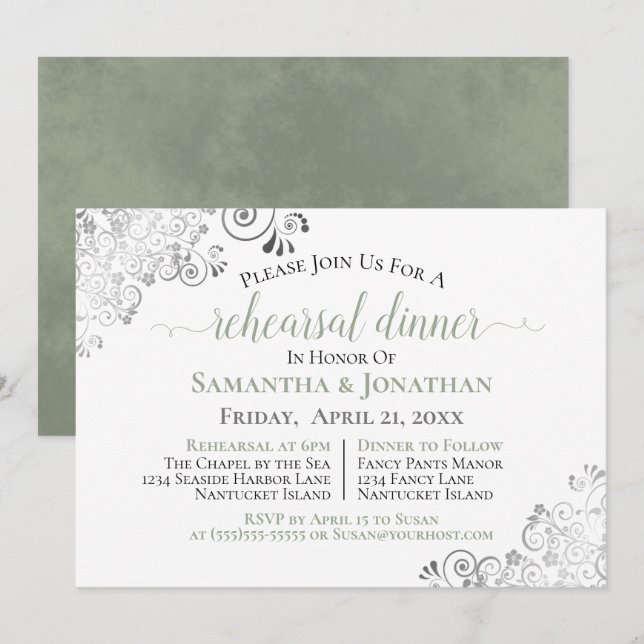 Frilly Elegant Sage Green Wedding Rehearsal Dinner Invitation (Front/Back)