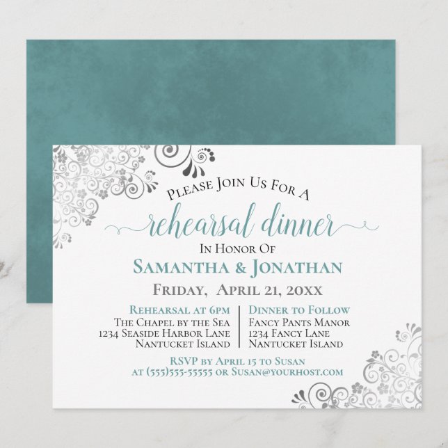 Frilly Elegant Teal Wedding Rehearsal Dinner Invitation (Front/Back)