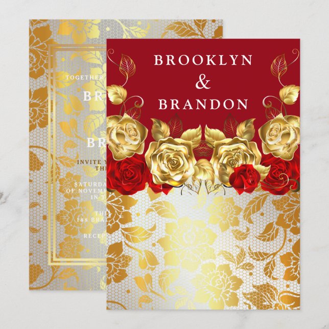 Frilly Gold Burgundy Maroon Simple Elegant Wedding Invitation (Front/Back)