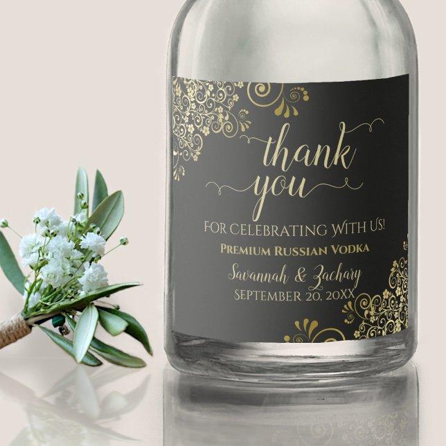 Frilly Gold on Black Wedding Thank You Liquor Bottle Label (In Situ with Corsage)