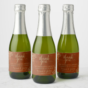 Frilly Gold on Rust Orange Wedding Thank You Mini Sparkling Wine Label