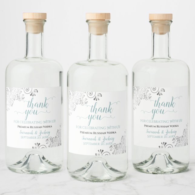 Frilly Silver Grey Teal & White Wedding Thank You Liquor Bottle Label (Bottles)