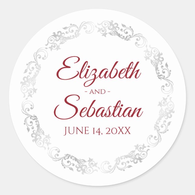 Frilly Silver Lace Elegant Red on White Wedding Classic Round Sticker (Front)