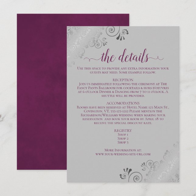 Frilly Silver Lace Magenta & Grey Wedding Details Enclosure Card (Front/Back)