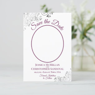 Frilly Silver & Magenta on White Photo Wedding Save The Date