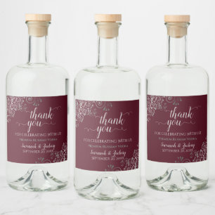 Frilly Silver on Burgundy Maroon Wedding Thank You Liquor Bottle Label