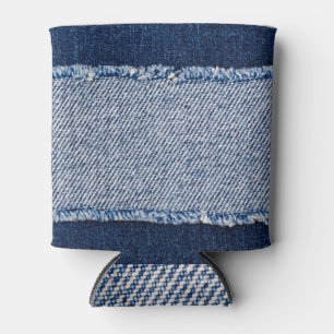 Fringed denim blue jeans frame. can cooler