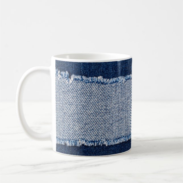 Fringed denim blue jeans frame. coffee mug (Left)