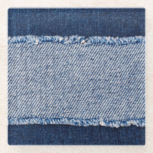 Fringed denim blue jeans frame. glass coaster (Front)