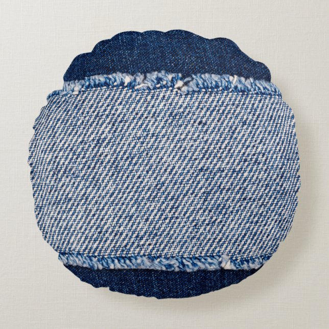 Fringed denim blue jeans frame. round pillow (Front)