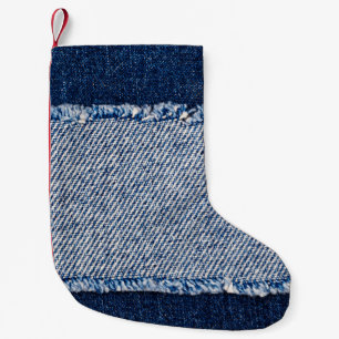 Fringed denim blue jeans frame. small christmas stocking